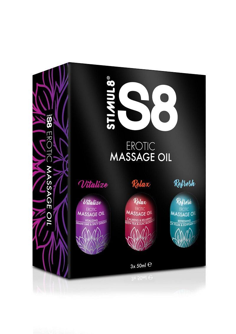 S8 Massage Oil Box 3x 50ml massage olie met 3 geuren @ Happytoys Sexshop: Toys for Feeling Happy & Easy 😊